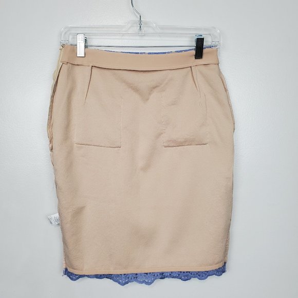 English Factory Blue Floral Lace Nude Colored Lining Pencil Skirt, S - Picture 8 of 13